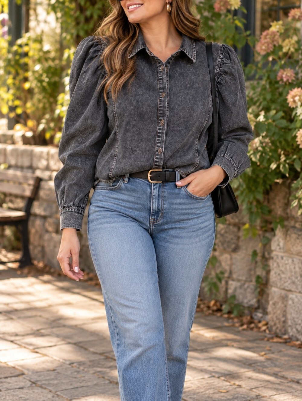 Promesa 100% Cotton Washed Black Puff Sleeve Denim Button Down Shirt